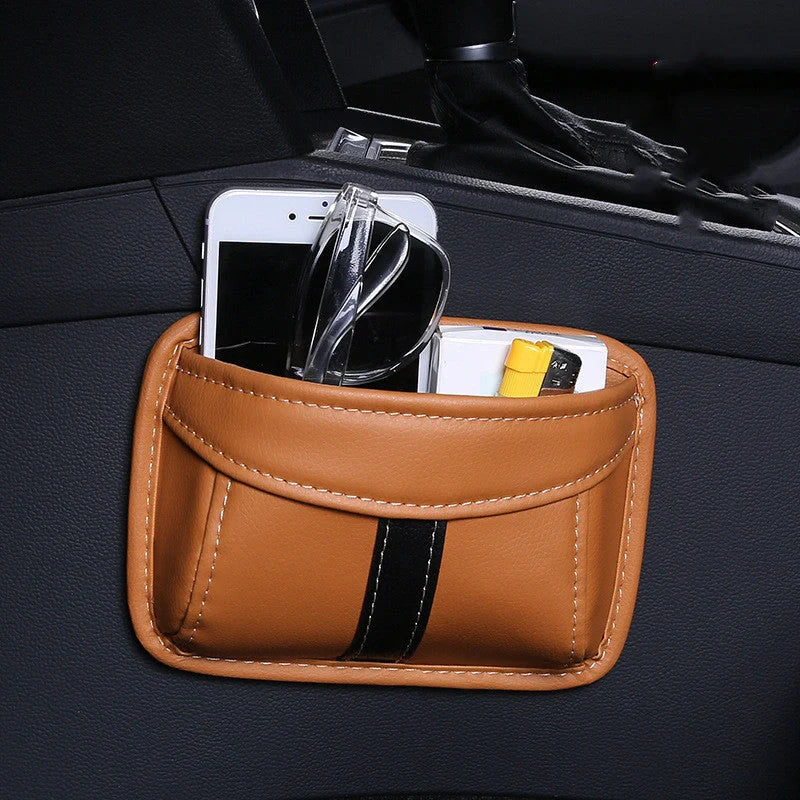 Adhesive car seat storage bag in various colours for secure item organisation
