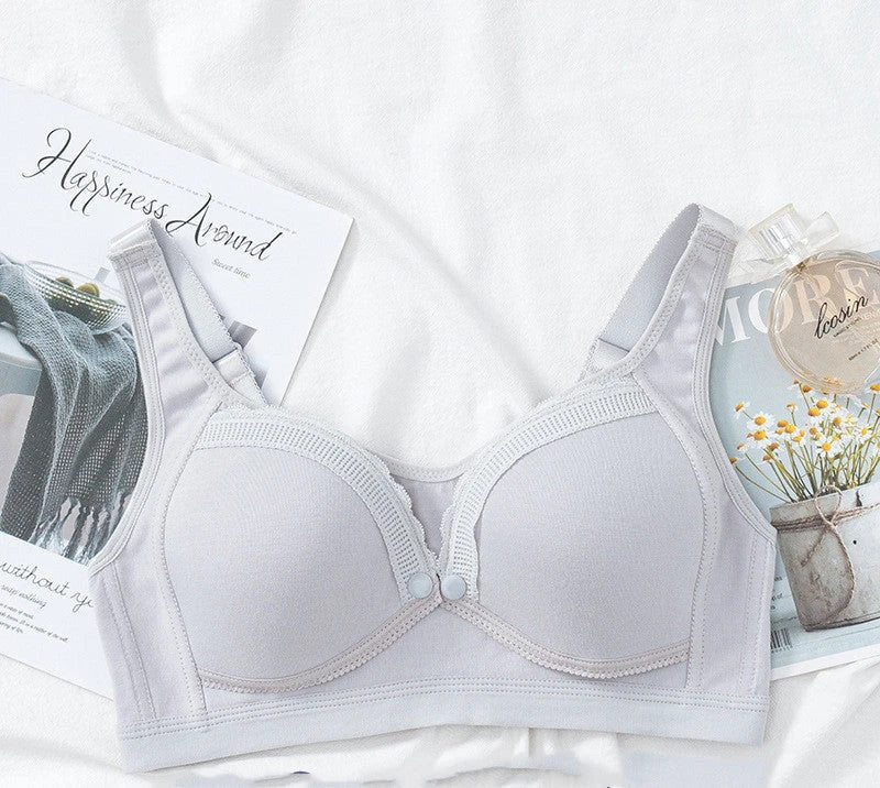 Soft and supportive nursing bra with wireless, push-up design and front-clasp closure for easy breastfeeding access