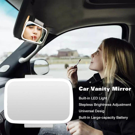 Premium in-car makeup mirror with 21 LED lights for flawless application, adjustable brightness, and discreet sun visor mount