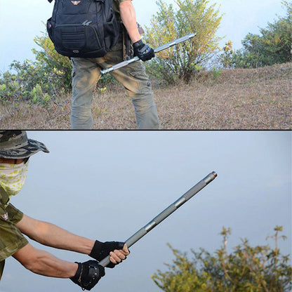 Durable tactical hiking stick with integrated survival tools, including a knife, bottle opener, and compass, for outdoor adventures and emergencies.