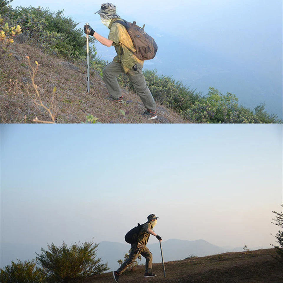 Durable tactical hiking stick with integrated survival tools, including a knife, bottle opener, and compass, for outdoor adventures and emergencies.