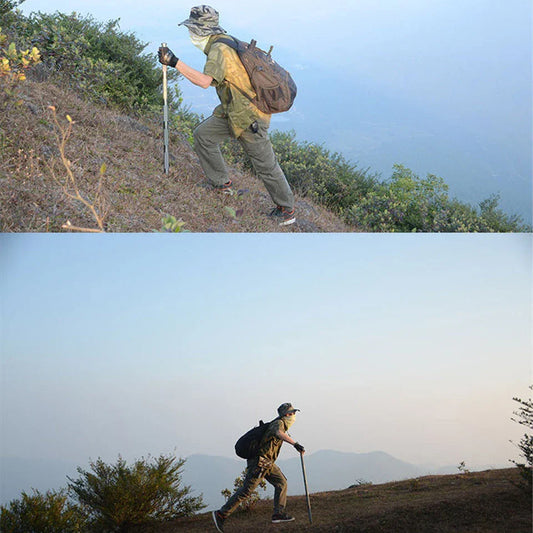 Durable tactical hiking stick with integrated survival tools, including a knife, bottle opener, and compass, for outdoor adventures and emergencies.