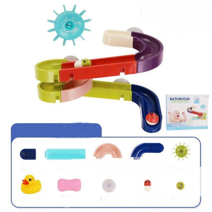 DIY baby bath toys set with marble race run track and automatic sprinkler