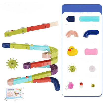 DIY baby bath toys set with marble race run track and automatic sprinkler