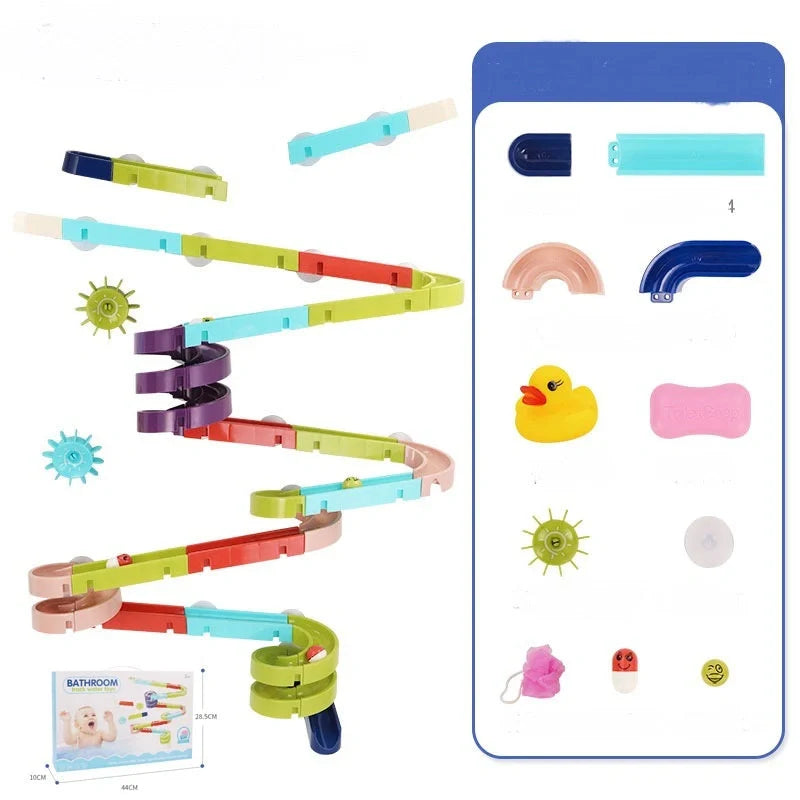 DIY baby bath toys set with marble race run track and automatic sprinkler