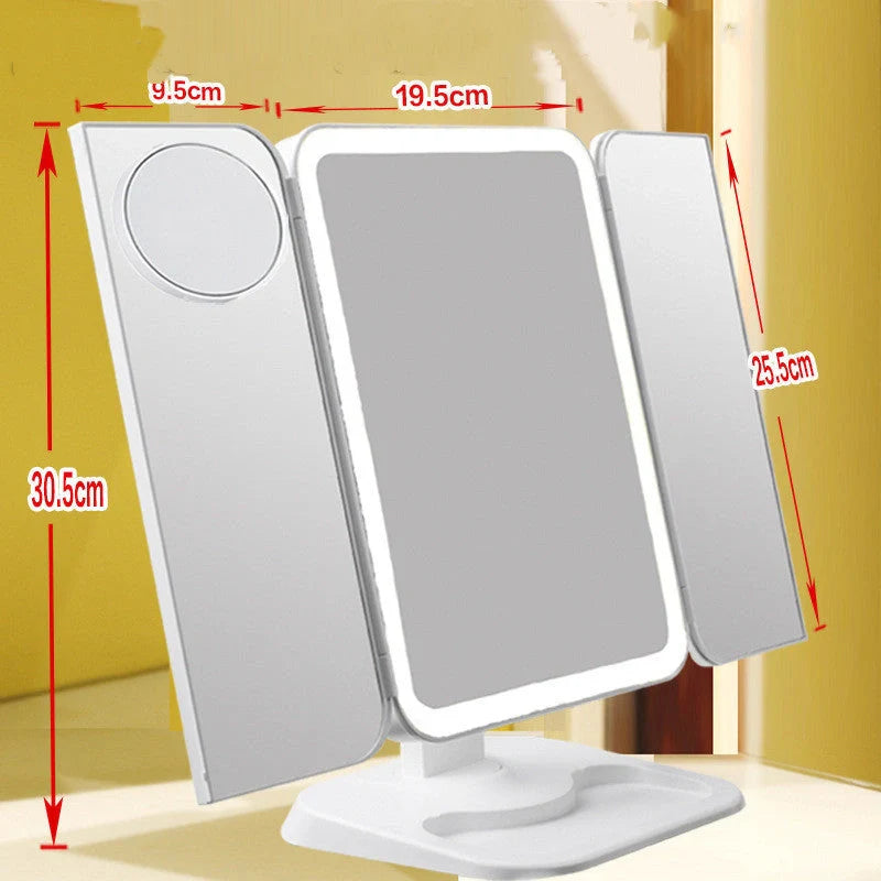 Trifold makeup mirror with LED lighting and 10X magnification