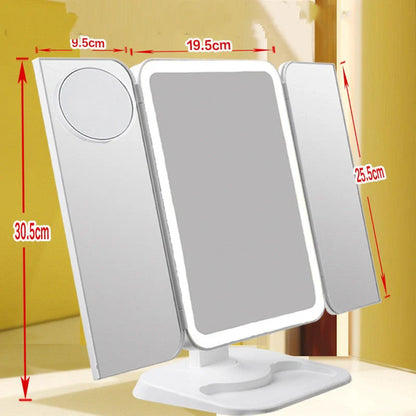 Trifold makeup mirror with LED lighting and 10X magnification