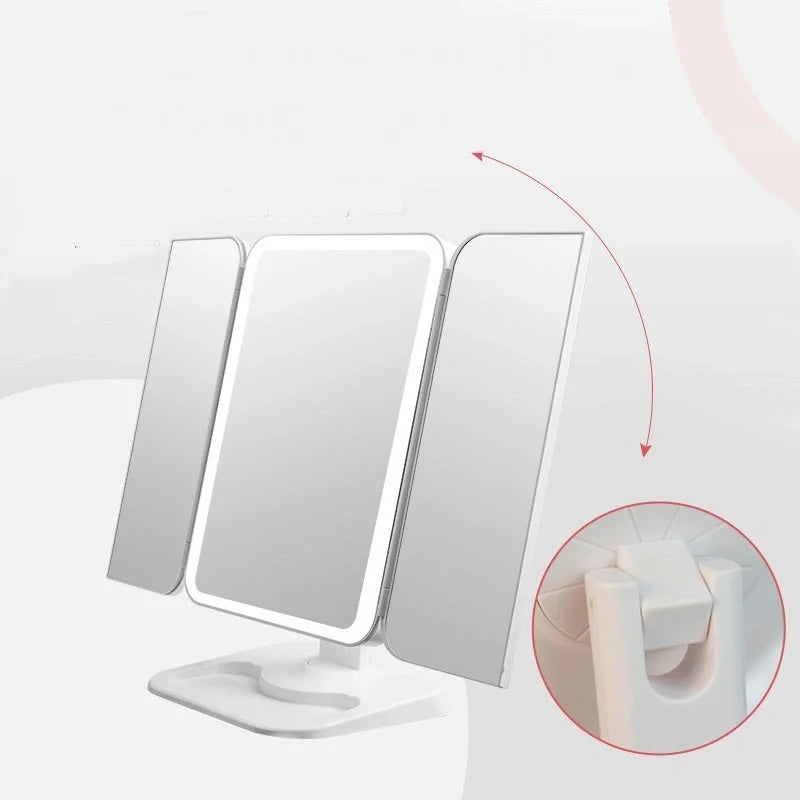 Trifold makeup mirror with LED lighting and 10X magnification