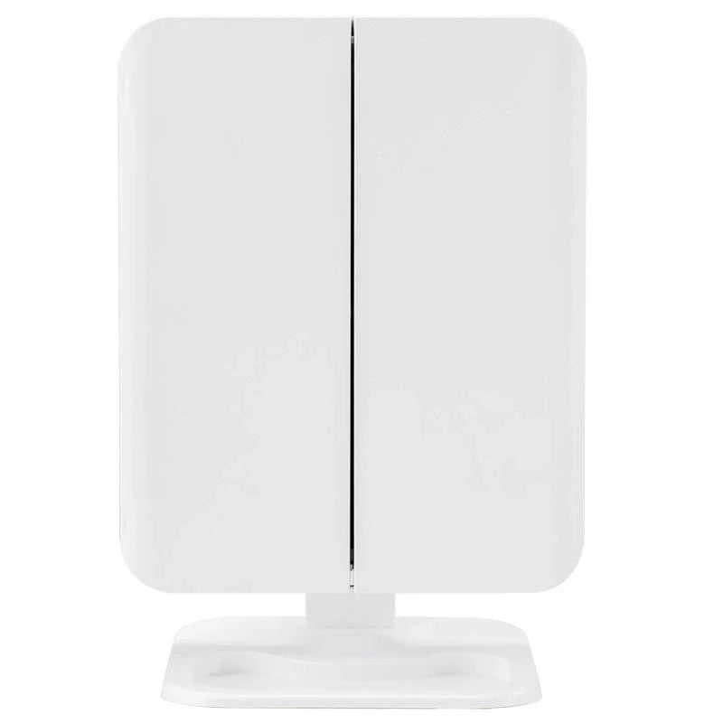Trifold makeup mirror with LED lighting and 10X magnification
