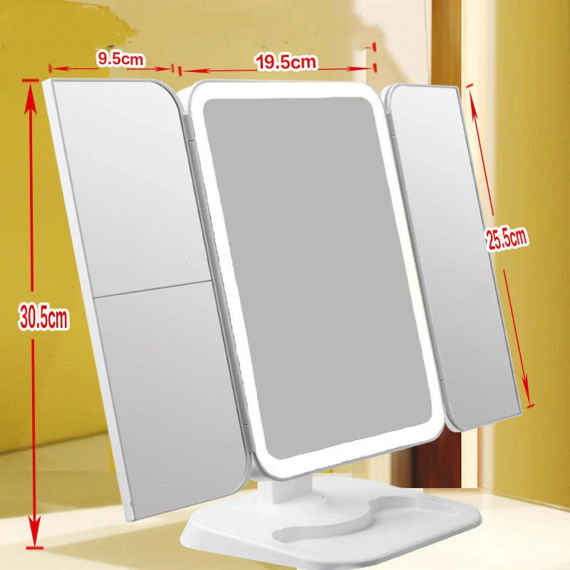 Trifold makeup mirror with LED lighting and 10X magnification