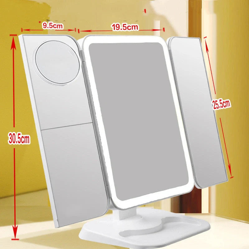 Trifold makeup mirror with LED lighting and 10X magnification
