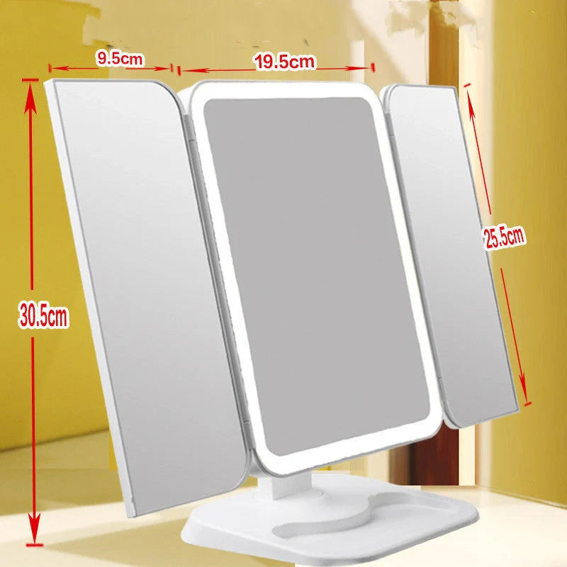 Trifold makeup mirror with LED lighting and 10X magnification