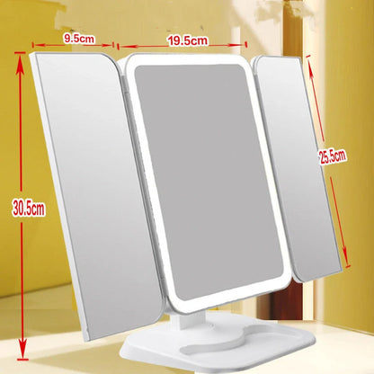 Trifold makeup mirror with LED lighting and 10X magnification