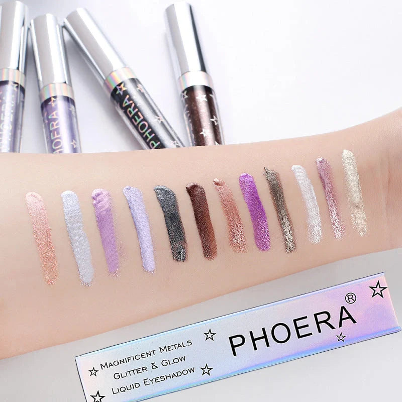 PHOERA Glitter & Glow Liquid Eyeshadow set showcasing 12 vibrant colours with 3D metallic effects