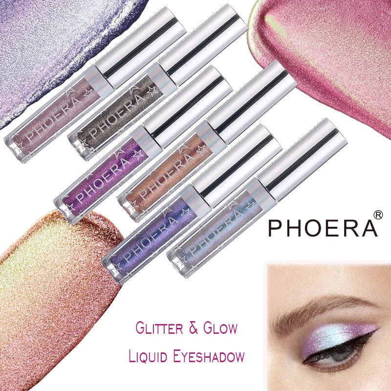PHOERA Glitter & Glow Liquid Eyeshadow set showcasing 12 vibrant colours with 3D metallic effects