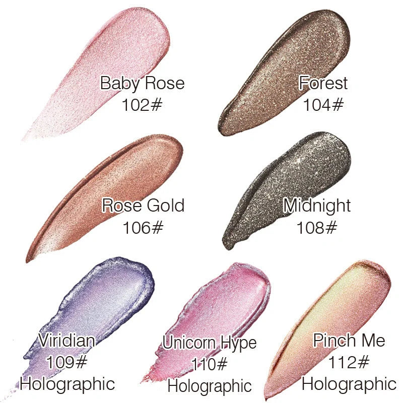 PHOERA Glitter & Glow Liquid Eyeshadow set showcasing 12 vibrant colours with 3D metallic effects