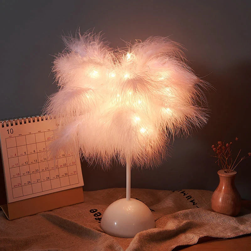 Elegant feather lamp with a vintage-inspired Scandinavian design, featuring adjustable lighting and versatile power options.