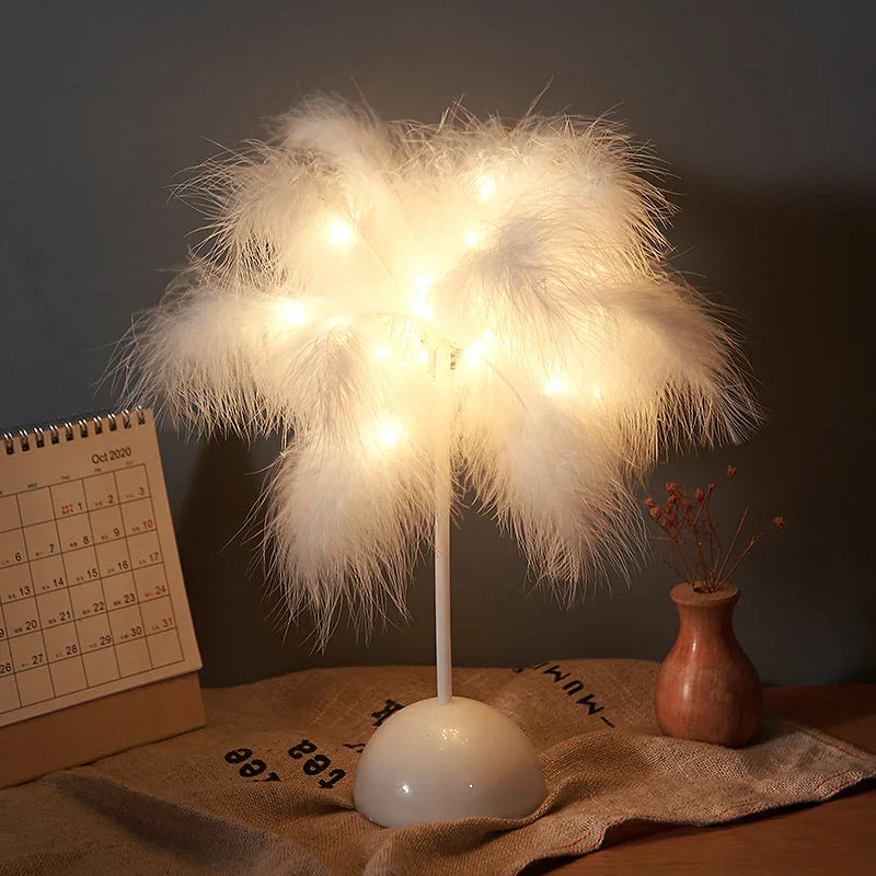 Elegant feather lamp with a vintage-inspired Scandinavian design, featuring adjustable lighting and versatile power options.