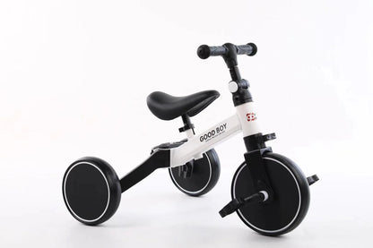 Sturdy three-wheeled balance bike for British toddlers with durable steel frame, comfortable PU leather seat, and smooth-rolling EVA foam tyres