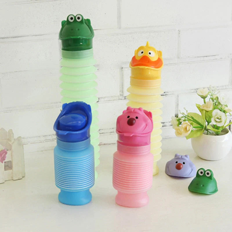 Adjustable portable travel emergency urinal for kids in pink, green, and yellow