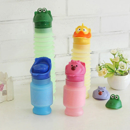 Adjustable portable travel emergency urinal for kids in pink, green, and yellow