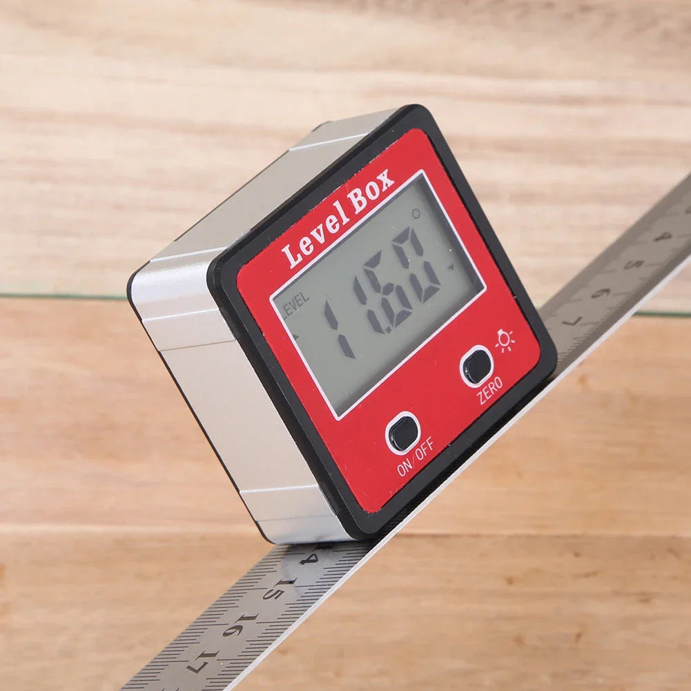 Digital angle ruler with large backlit LCD display, magnetic base, and precise 0-360 degree measurement range