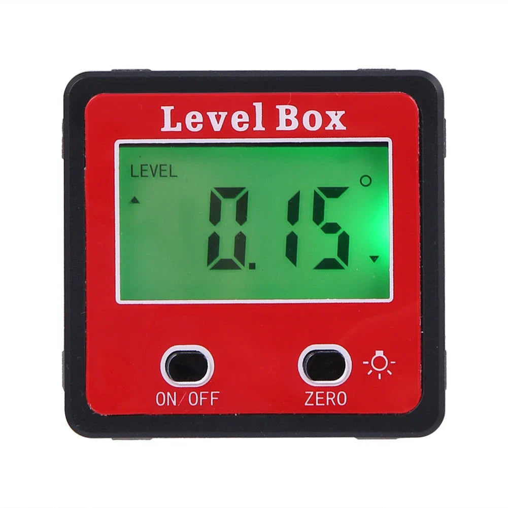 Digital angle ruler with large backlit LCD display, magnetic base, and precise 0-360 degree measurement range