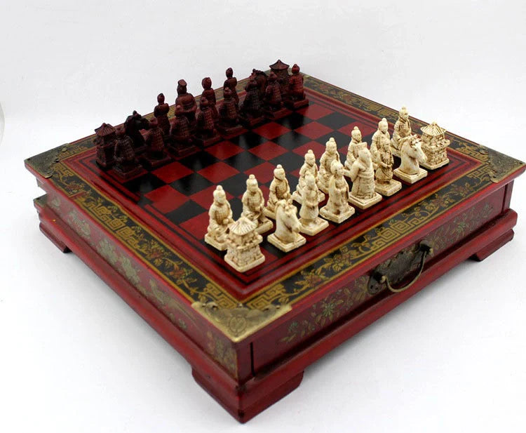 Handcrafted antique terracotta chess set with folding wooden board