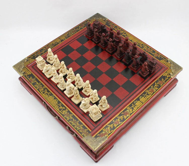 Handcrafted antique terracotta chess set with folding wooden board