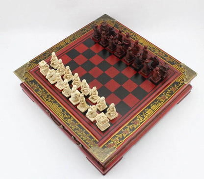 Handcrafted antique terracotta chess set with folding wooden board