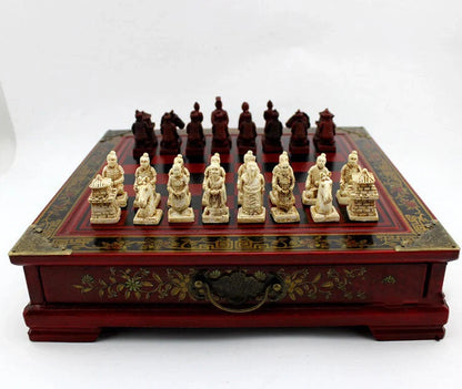 Handcrafted antique terracotta chess set with folding wooden board