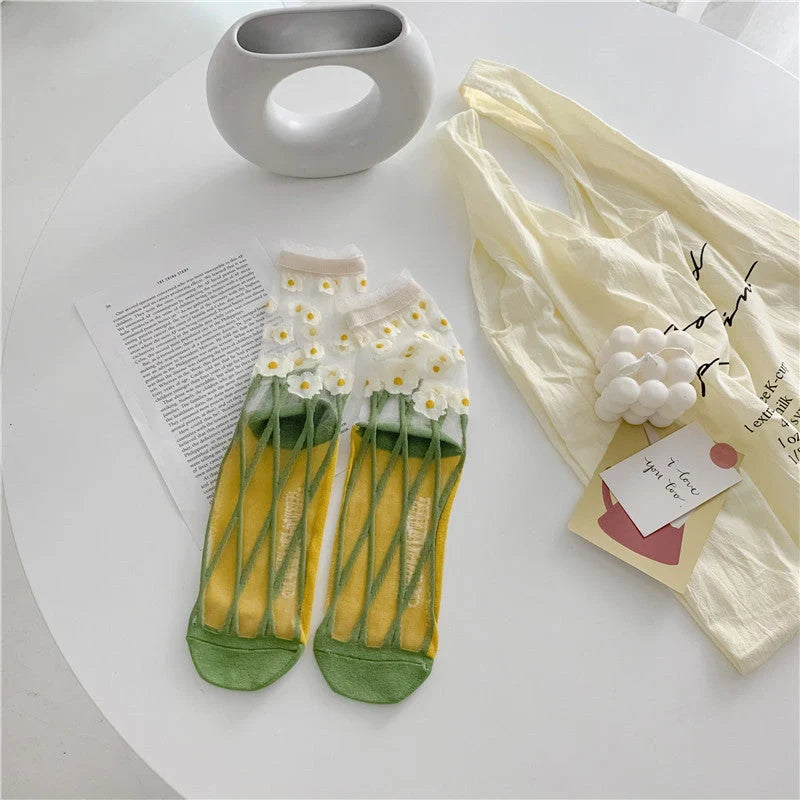 Vibrant Japanese Retro Personality Breathable Glass Silk Socks in various colours
