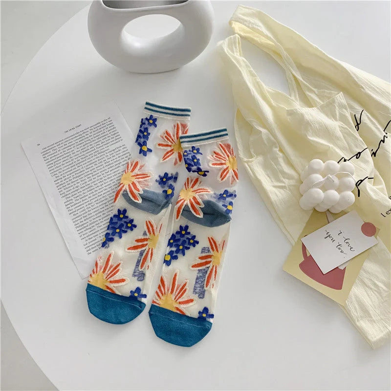 Vibrant Japanese Retro Personality Breathable Glass Silk Socks in various colours