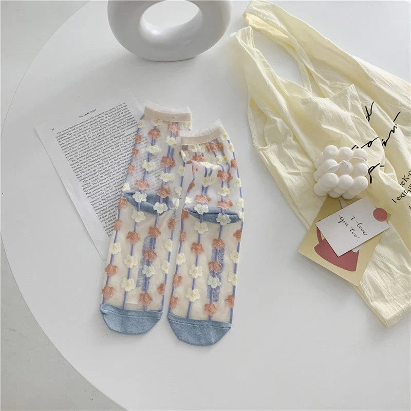 Vibrant Japanese Retro Personality Breathable Glass Silk Socks in various colours