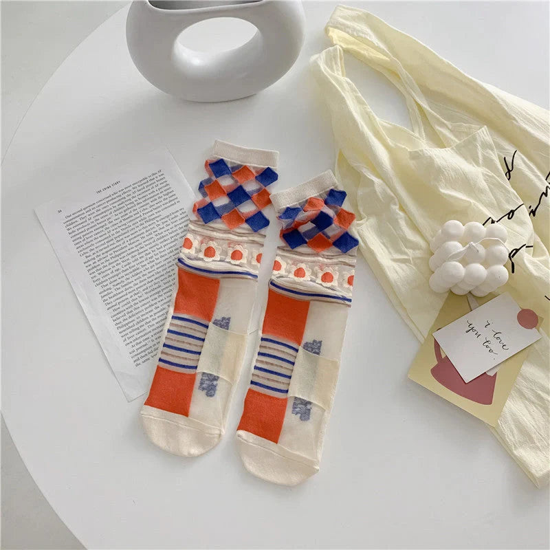Vibrant Japanese Retro Personality Breathable Glass Silk Socks in various colours