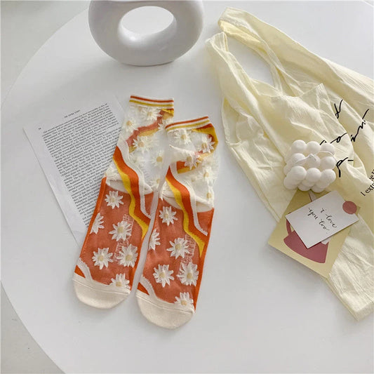 Vibrant Japanese Retro Personality Breathable Glass Silk Socks in various colours