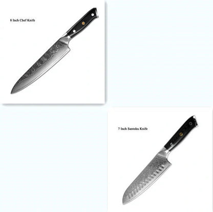 Premium Japanese Damascus steel kitchen and fruit knife set with G10 handle