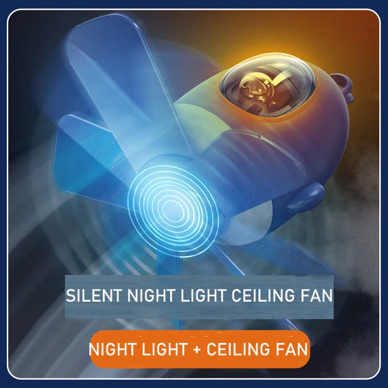 Compact aeroplane-inspired ceiling fan with adjustable night light for child's bedroom