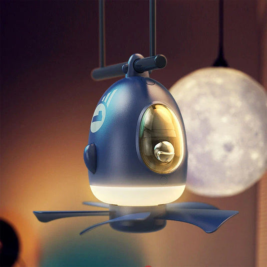 Compact aeroplane-inspired ceiling fan with adjustable night light for child's bedroom