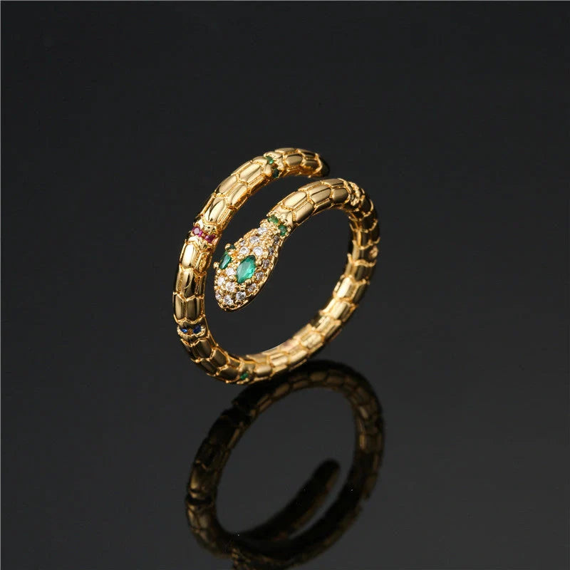 Adjustable gold-colour snake ring with cubic zirconia stones for women