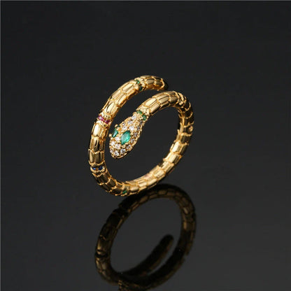 Adjustable gold-colour snake ring with cubic zirconia stones for women
