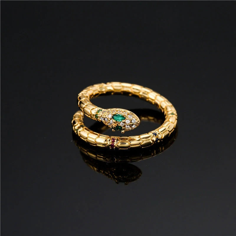 Adjustable gold-colour snake ring with cubic zirconia stones for women