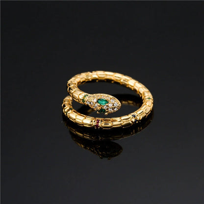 Adjustable gold-colour snake ring with cubic zirconia stones for women