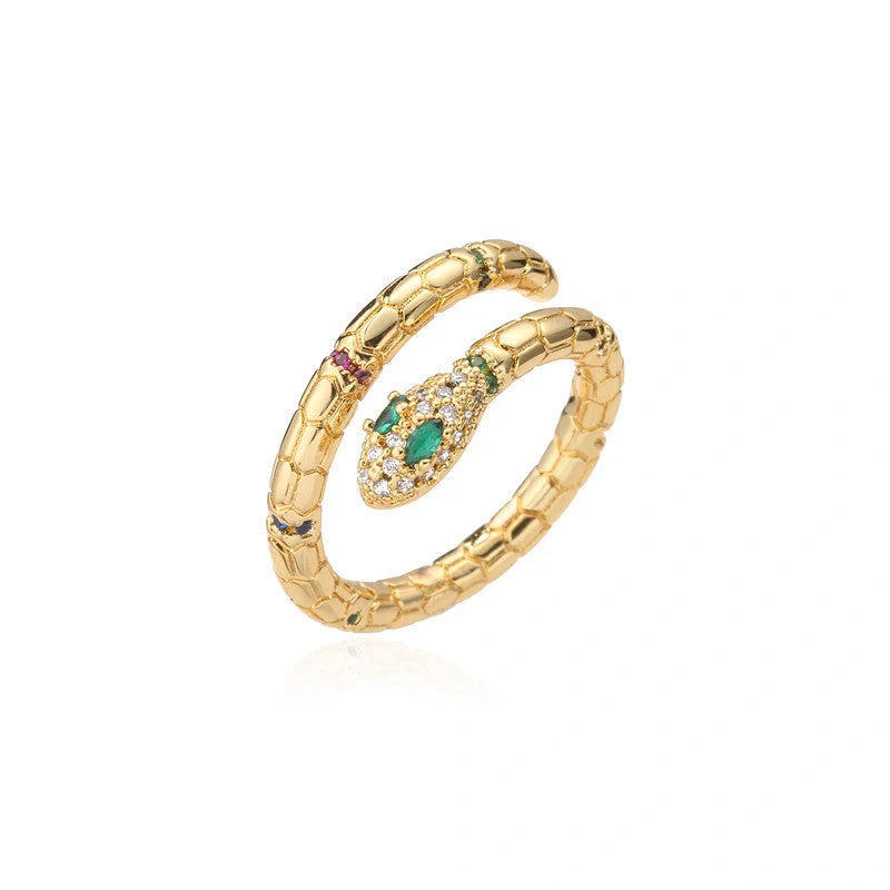 Adjustable gold-colour snake ring with cubic zirconia stones for women