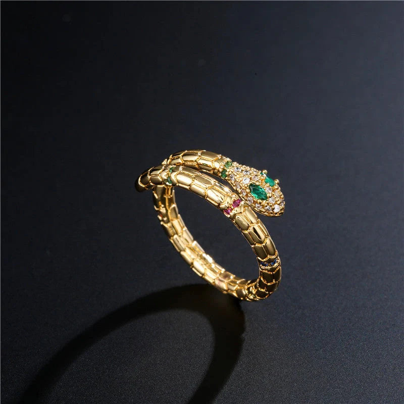 Adjustable gold-colour snake ring with cubic zirconia stones for women