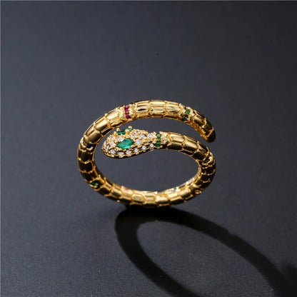 Adjustable gold-colour snake ring with cubic zirconia stones for women