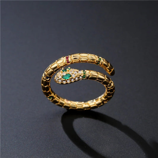 Adjustable gold-colour snake ring with cubic zirconia stones for women