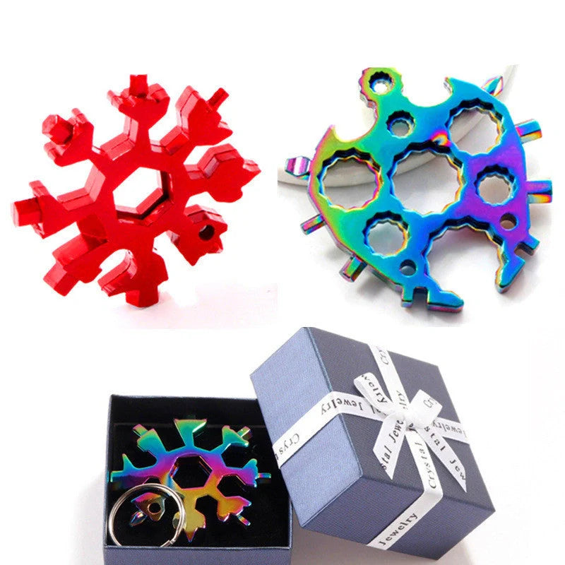Octagonal Snowflake Universal Tool Card with key ring, 18 functions