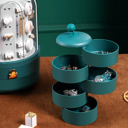 Fashion 360 Rotating Jewelry Box in white and green with transparent dust cover