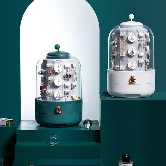 Fashion 360 Rotating Jewelry Box in white and green with transparent dust cover